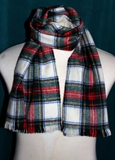 Made in Scotland Lambswool Red Green Blue Ivory Scarf Fringed 54" X 12" Classic