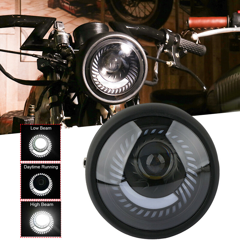 Led Headlight DRL For Cafe Racer Bobber Motorcycle Spiral White Hi/Lo  Beam