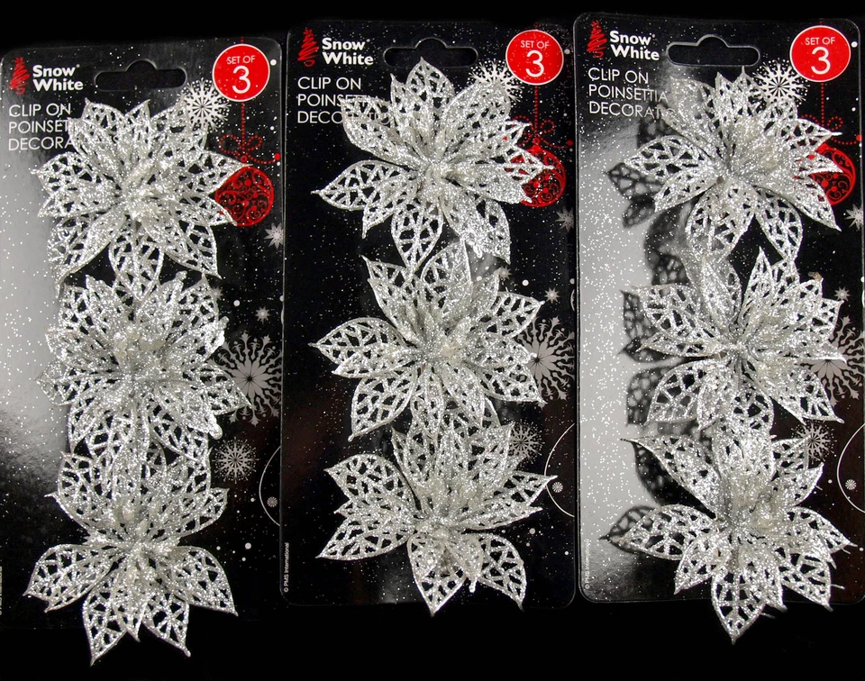 SNOW WHITE Set Of 9 Glitter Poinsettia Clip On Christmas Craft / Tree Decorations - SILVER