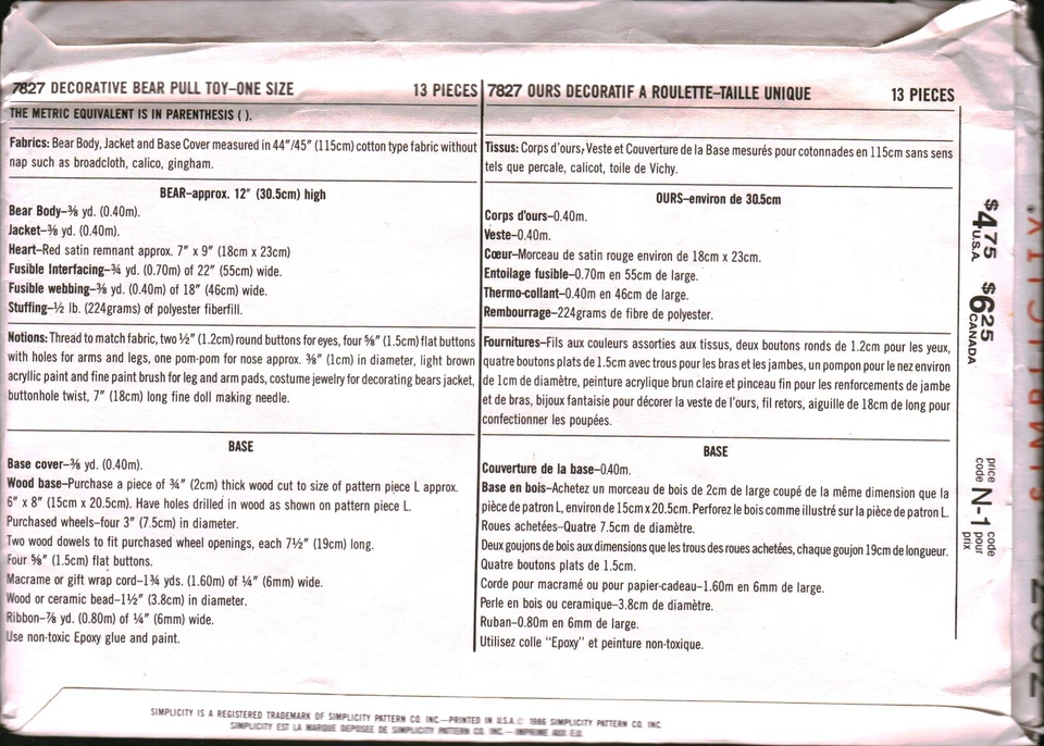 Juguete de peluche con patrón de costura Simplicity 7827 vintage años 80 SIN CORTAR Foto 2 de 2