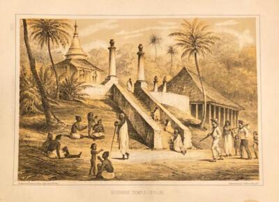 BUDDHIST TEMPLE, CEYLON - Perry Expedition - 1856 original lithograph by Heine