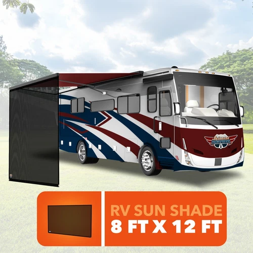 RV Awning Shade for Front Sun UV Wind Block 8' X 12' 3'' Black Mesh Complete Kit