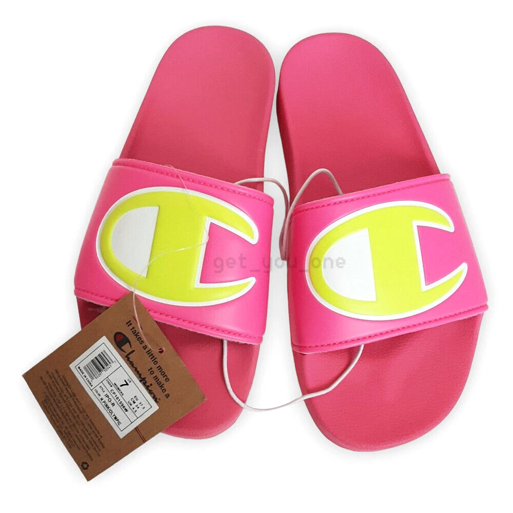 Champion Women s Size 7 IPO R Slides Neon Pink Olympic Yellow Slippers NWT