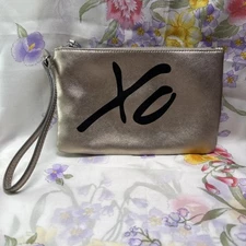 Banana Republic XO Leather Zippered Pouch Wristlet Makeup Bag Gold 9”x6”