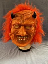 Vintage HALLOWEEN Red Devil Latex Mask Scary Horned Demon Monster Beast w/ Hair