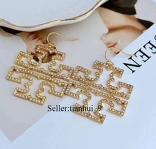 New! Tory Logo DROP RINESTONE EARRING Large with Jewelry Pouch Size:4.8*3.5cm