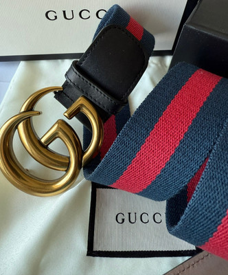 Gucci GG Buckle Marmont Blue, Red WEB Leather Black Belt 115 cm