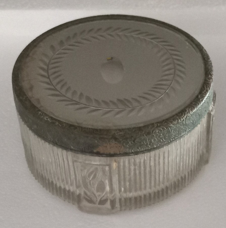 Vtg Art Deco Style Vanity Ribbed Glass Powder Jar With Mirrored Metal Lid