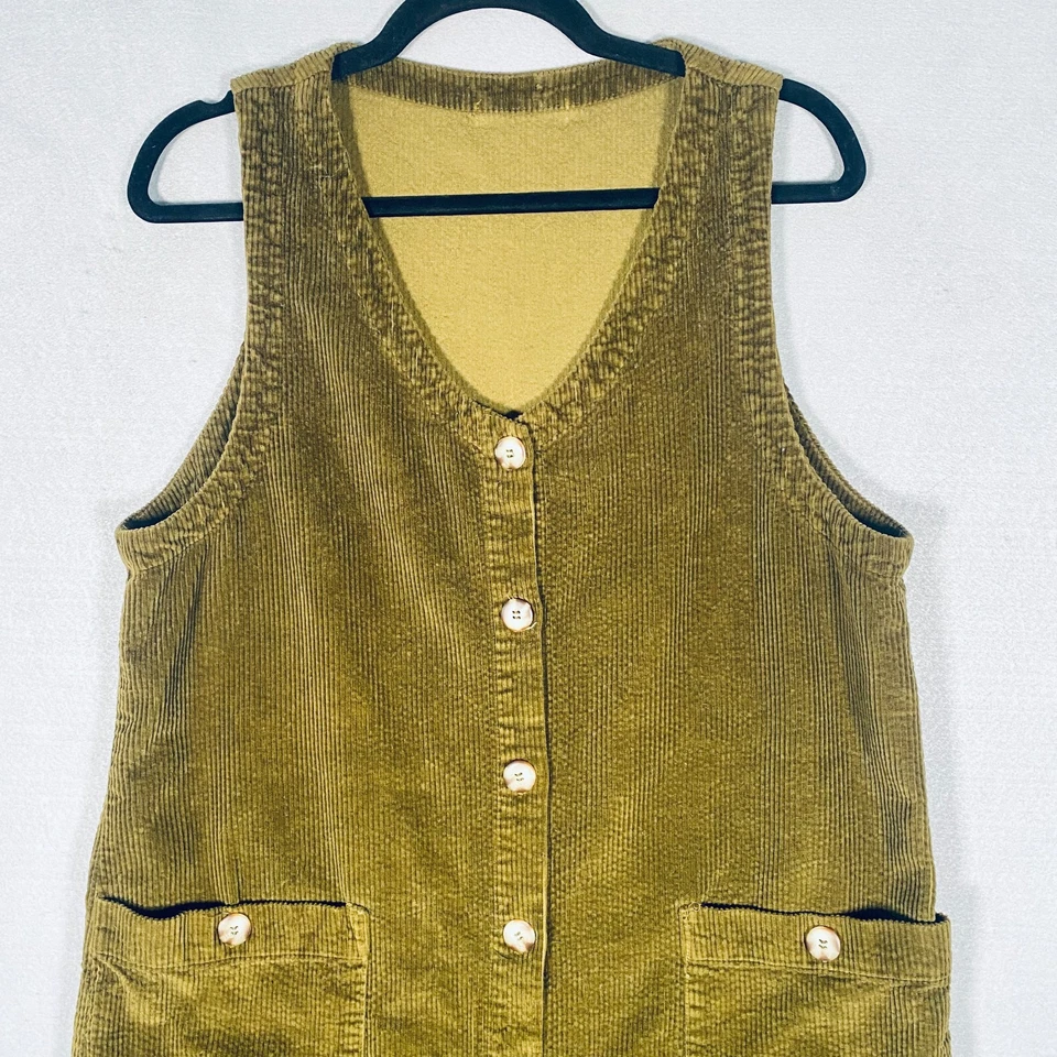 Vestido de pana vintage para mujer L dorado marrón abotonado sin mangas Maxi y2k Cottage Foto 4 de 4