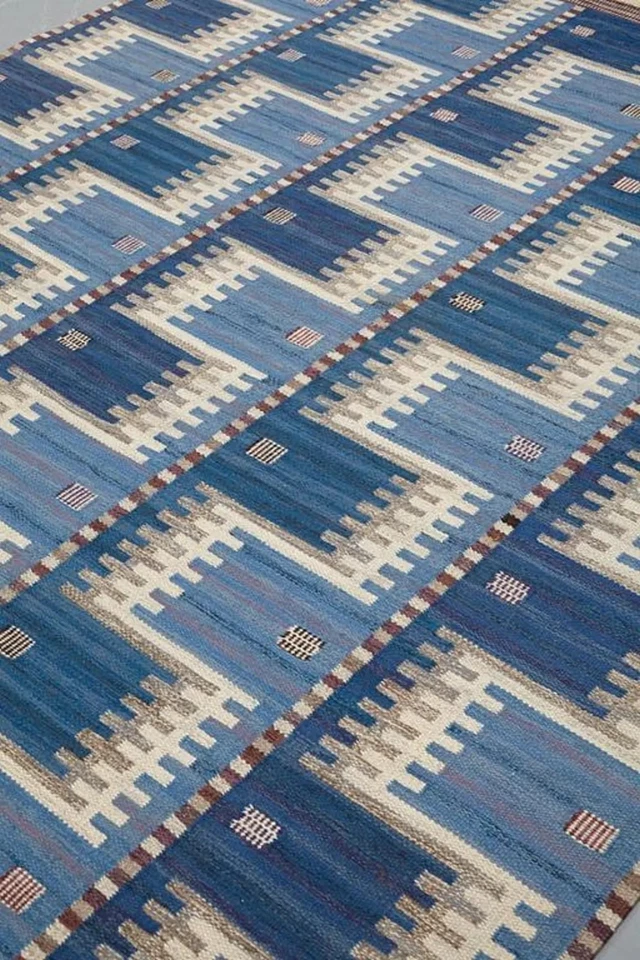 Geometric Flatweave Scandinavian Swedish Kilim Rug for Living Room Blue Area Rug - Image 2 of 4