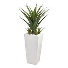 Nearly Natural 40" Spiky Agave Artificial Plant in White Planter in Green/White