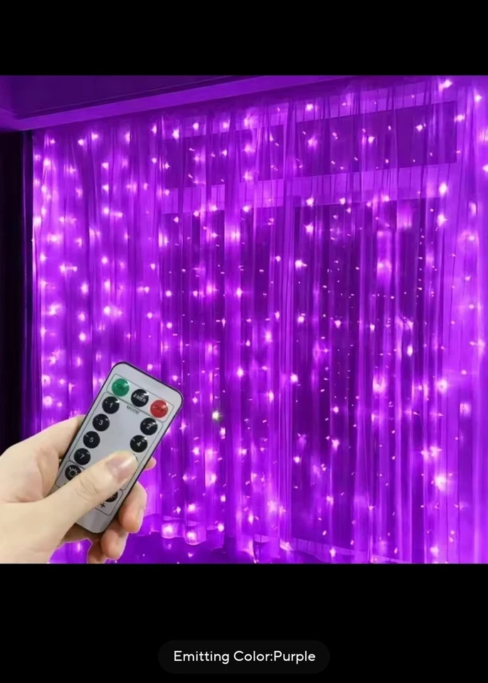 600LED Fairy Curtain Lights with 8 Lighting Modes, USB powered: 6M x 3M: Purple - Image 3 of 3