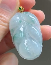 18K Yellow Gold Icy Floral Green Leaf Jadeite natural Jade Pendant 0224