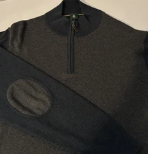Robert Talbott Mens XL 1/4 Zip Cashmere Blend Sweater Elbow Patches Brown Navy