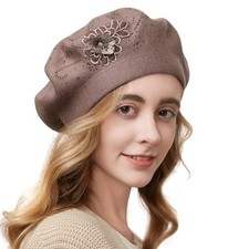 Womens French Style Knitted Beret Hat, Flower Embroidery, Khaki, Adult, Women...