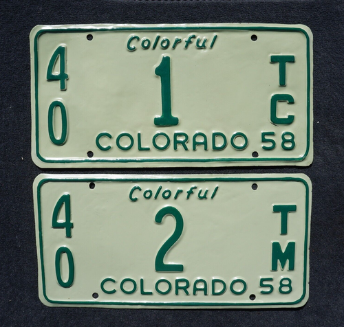 1958 COLORADO License Plate Plates Low # 1 & 2 - LOT OF 2