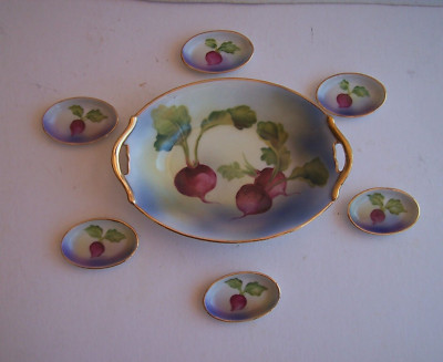 NORITAKE GRN WREATH HAND PAINTED CELERY SET MASTER & 6 OPEN SALT DIP CELLARS