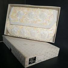 La Regale White Beaded Iridescent Sequin Satin 9"Purse Clutch Bridal Box 1203