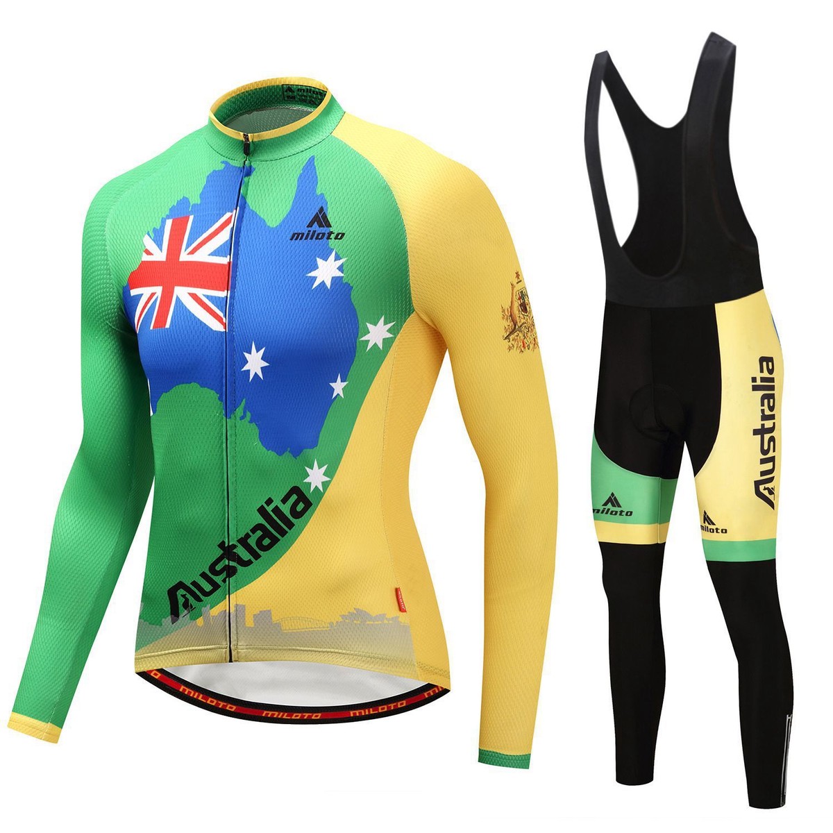 Australia Cycling Team Long Sleeve Jersey (Bib) Pants Men's Bike Clothing  Set