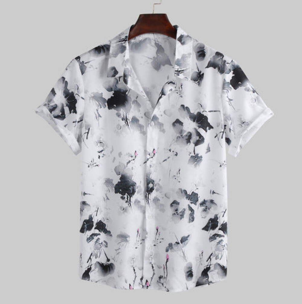 Stylish British Floral Cardigan Shirts for Men with Lapel Collar and Short Sleev