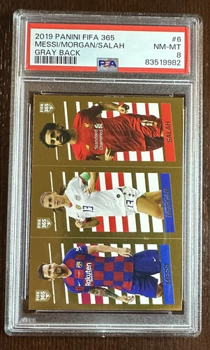 2019 Panini Fifa 365 Messi / Morgan / Salah Gray Back Gold Sticker PSA NM-MT 8