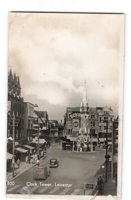 Uhrturm Leicester alte Autos Bovril Schild RPPC Postkarte