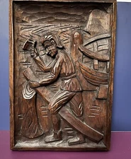 Vintage Hand Carved Folk Art Wood Bas-relief Ship Builder Wall Plaque