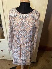 ATMOSPHERE Ladies Short Dress Size 8 Ivory Mix Floral Long Sleeve Belted Chiffon