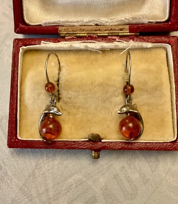 Boucles D’oreilles Anciennes En Argent Massif Avec Ambre Véritable – Modèle Pendantes Sculptées, Vintage Et élégant