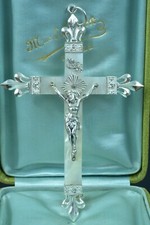 1906 Large Religious Pectoral Cross Sterling Silver & Mother Of Pearl / Case