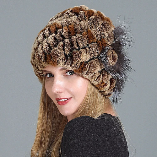 Damen Echt Rex Kaninchenfell Beanie Mütze Winter Warm Mütze mit Fuchs Handarbeit Geflochten - Bild 44 von 52