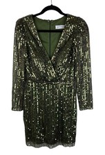 NEW Mac Duggal Green Fully Sequin Dress Size 4 Long Sleeve Mini Party Glitter