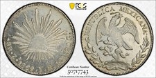 MONEDA MÉXICO ZACATECAS COMO NUEVA 1869-ZSYH 8 REALES SIN CIRCULAR CERTIFICADA PCGS MS61