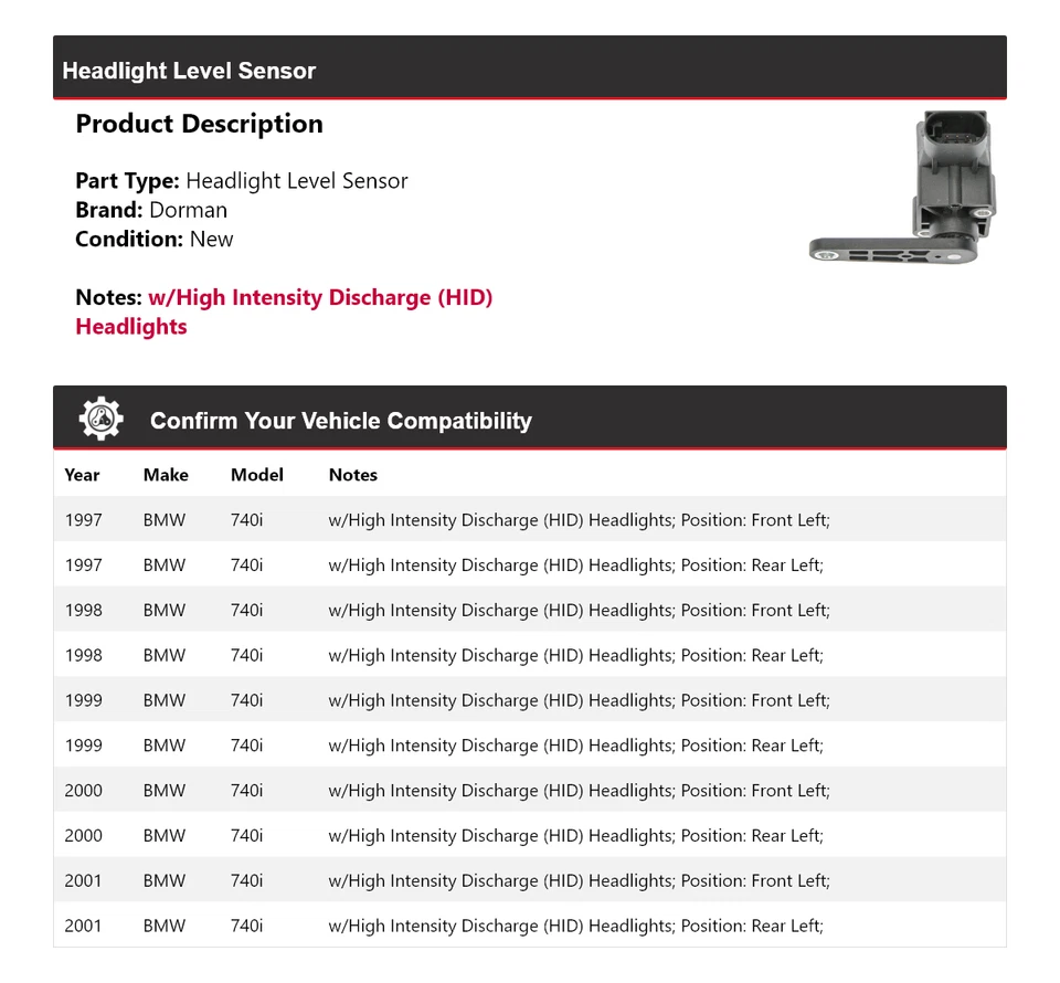 Sensor de nivel de faros para BMW 740i Dorman 1997-2001 1998 1999 2000 Foto 2 de 4