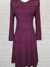 Eliza J Sweater Dress Womens LG Wine Long Sleeve Gold Zipper Fit Flare