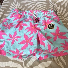 Art Class Boys Swim Shorts M 8 Blue/Pink Floral Drawstring UPF 50 
