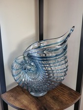 Blown Glass Blue Shell Conch Beach Nautilus Vase Statement Decor Whimsical