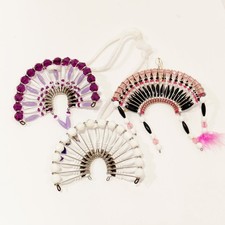 3 Vintage Handmade Beaded Western Style Indian Headdress Ornaments Safety Pin