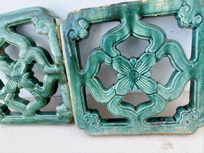 (2) x Chinese Jade Ceramic Breezeway Tiki Tiles Antique Vintage Set Architecture
