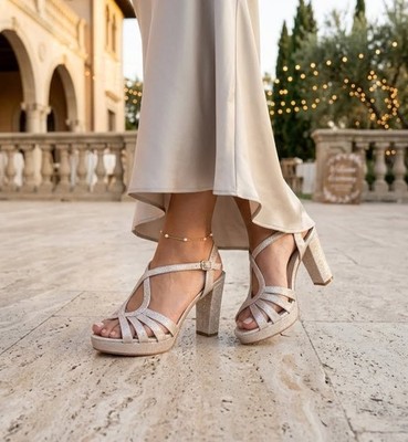 TERESA EMME 0106 Damen Sandalen PLATINO Open Toe High Heel mit Plateau, Glitter