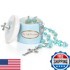 My First Blue Rosary  Keepsake Box - Catholic Baby Boy Baptism Christening Gift