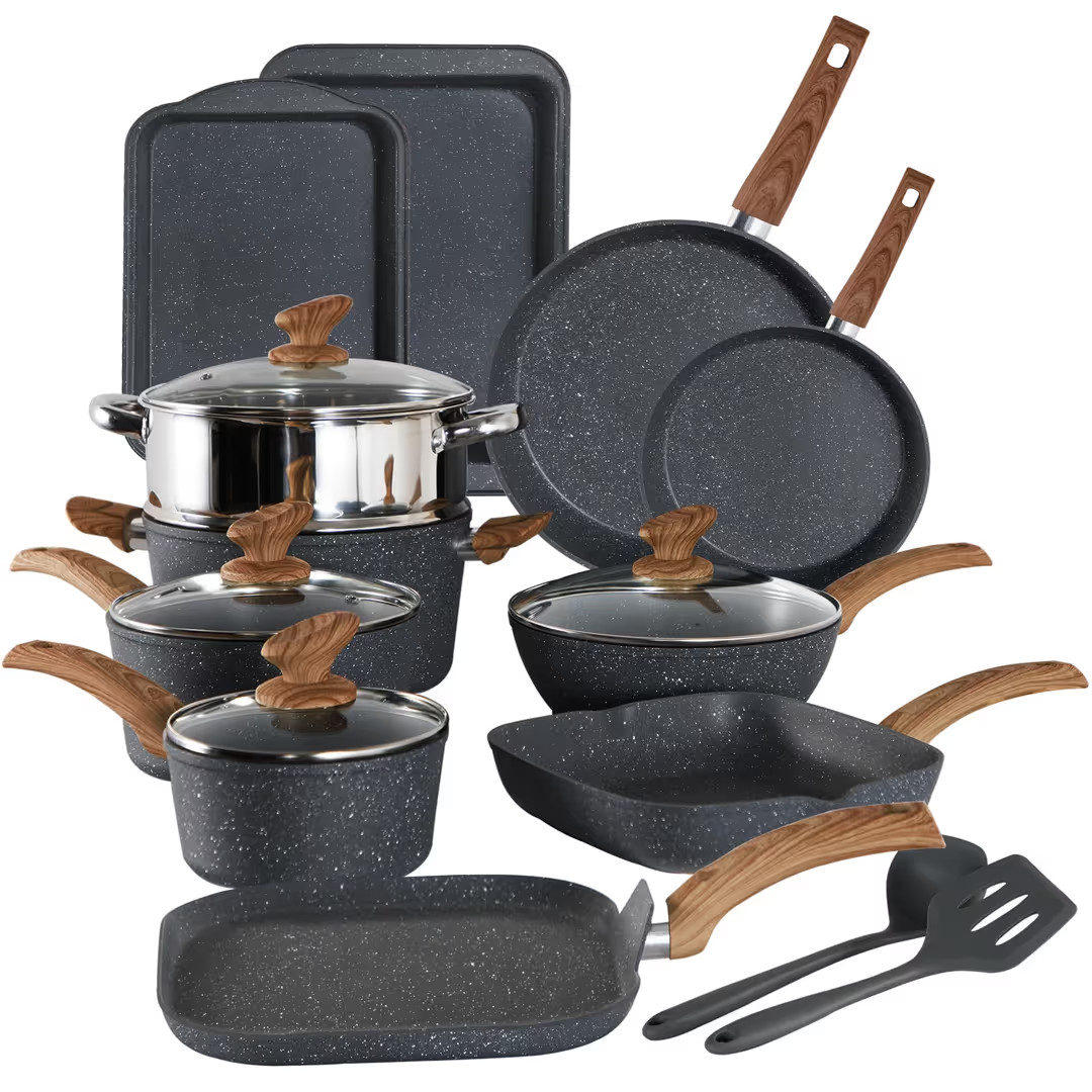 Juego de utensilios de cocina de 17 piezas ollas y sartenes antiadherentes de granito negro