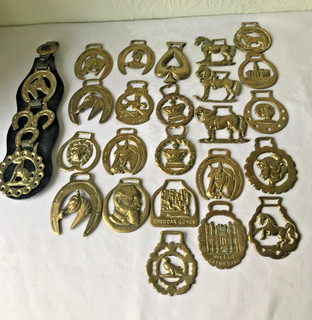 Large Bundle Vintage Horse Brasses Leather Strap