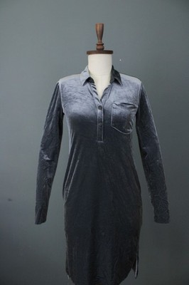 Jane Lushka Grey Velvet Button Pocket Accent Collared Shirt Dress Size XS