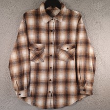 Mens Brown Plaid Flannel Button-Down Shirt Size Medium Collar Long Fitted Sleeve