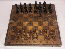 Antique 1800's handmade carved wooden gaming chess checker board game