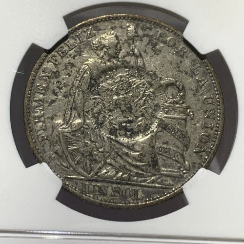 1894 GUATEMALA PESO 1/2 COUNTER STRIKE ON PERU SOL. NGC XF40 SILVER COIN