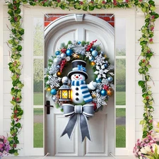 Snowman Lantern Door Cover 71X35 Inch Christmas Banner for Front Door Outdoor In