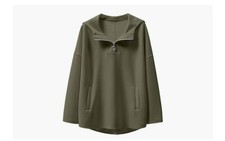 Women  s Green Oversized Pullover Hoodie Half-Zip Fleece Cotton Pockets One Size