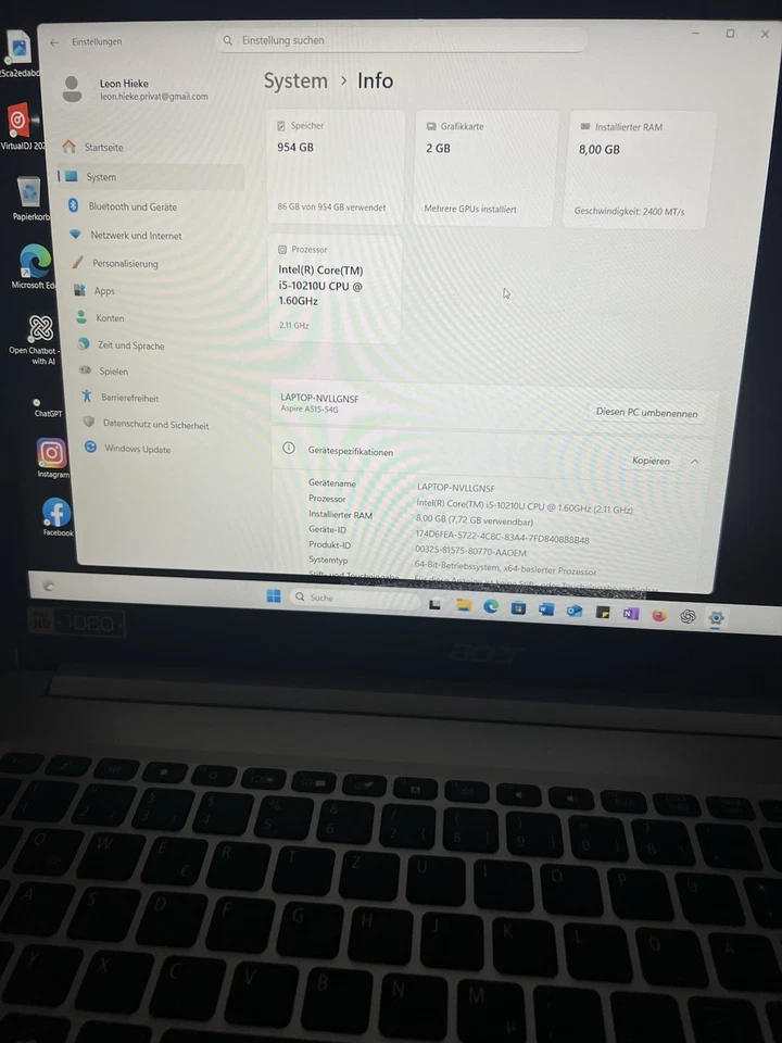 Acer Aspire A515-54G Intel I5 10210u NVIDIA MX250 15.6 Zoll 16GB RAM 1tb SSD - Bild 3 von 4